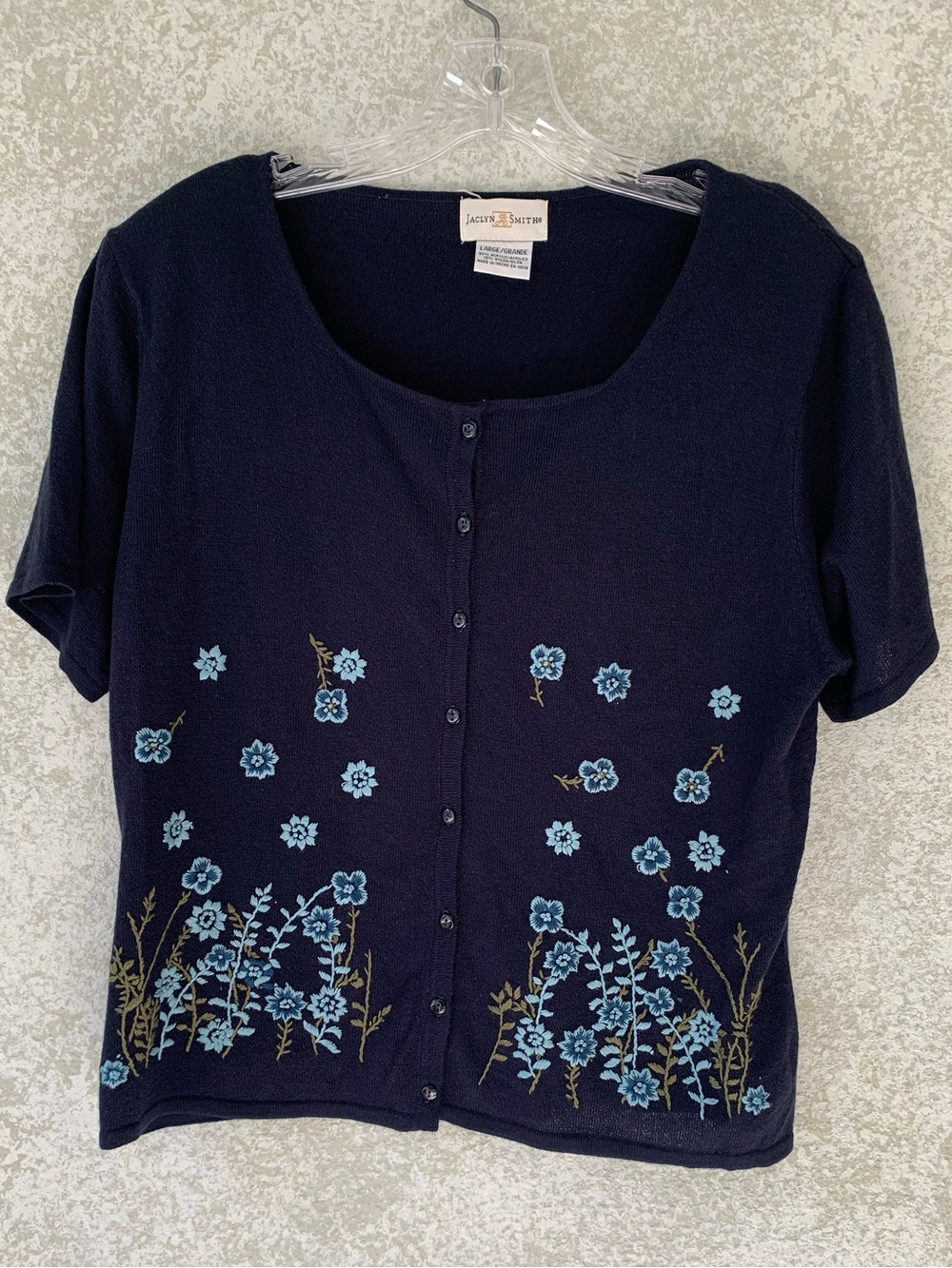 Jaclyn Smith Navy Blue Floral Embroidered Short Sleeve Cardigan Sweater Large